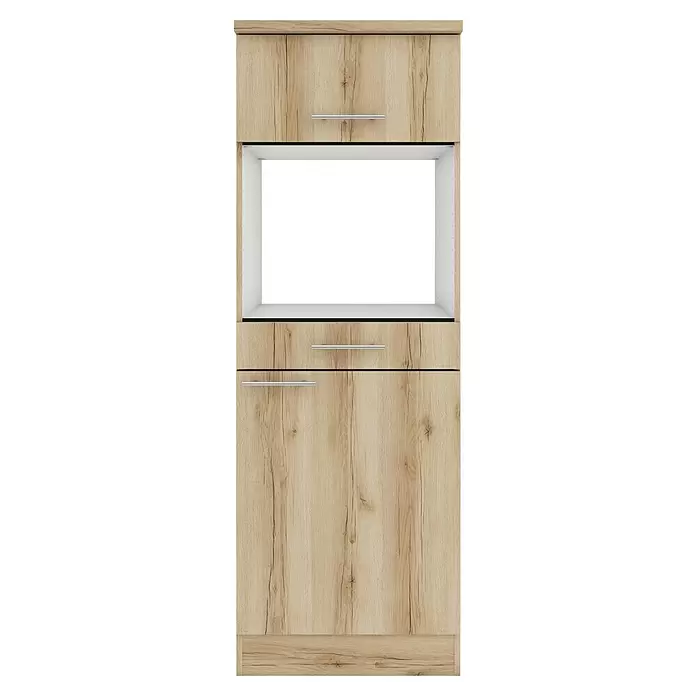Optifit Livorno290 Midischrank - 60 x 60 x 174,4 cm, Wildeiche Nachbildung, Für Mikrowelle mit 1 Klappe, 1 Schubkasten und 1 Tür - Hoher Küchenschrank in heller Holzoptik mit zwei Türen, zwei Schubladen und einer offenen Gerätenische.