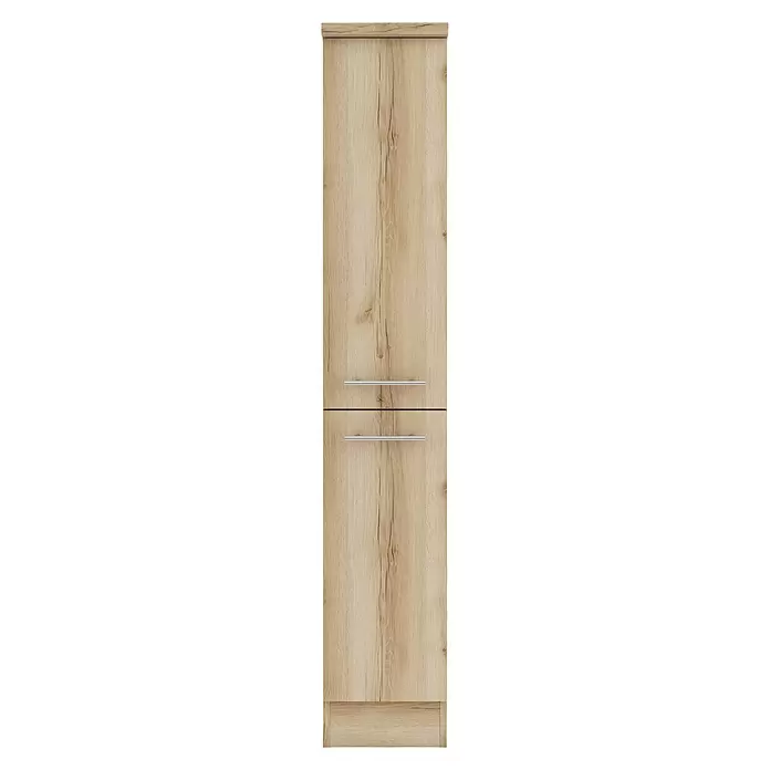 Optifit Livorno290 Küchen-Midischrank - 60 x 30 x 174,4 cm, Wildeiche Nachbildung - Heller Schrank in Eichenoptik mit zwei Türen und silbernen Griffen.