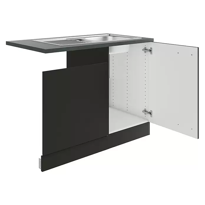 Optifit Madrid420 Spülenunterschrank - 60 x 110 x 84,8 cm, Anthrazit Matt, Mit Blende 60 cm für teilintegrierten Geschirrspüler - Dunkelgrauer Spülenschrank mit hellgrauer Arbeitsplatte, integrierter Edelstahlspüle und geöffneter Tür, die ein weißes Inneres mit Regalbohrungen zeigt.