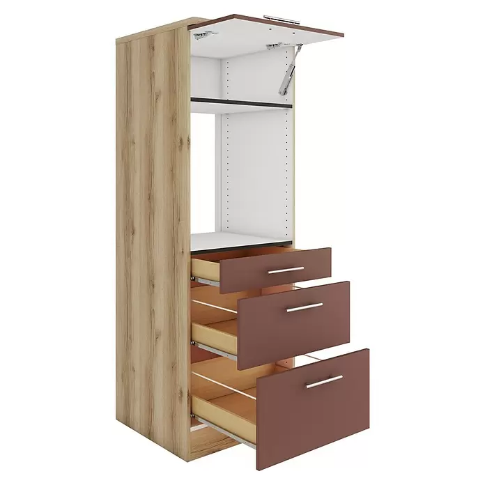 Optifit Bari407 Backofenumbauschrank - B x T x H: 60 x 60 x 174,4 cm, Rostrot, Für Backofen mit 1 Klappe, 1 Schubkasten und 1 Tür - Hoher Kleiderschrank aus hellem Holz mit offenem weißem Innenraum, Klappe und drei braunen Schubladen mit silbernen Griffen.