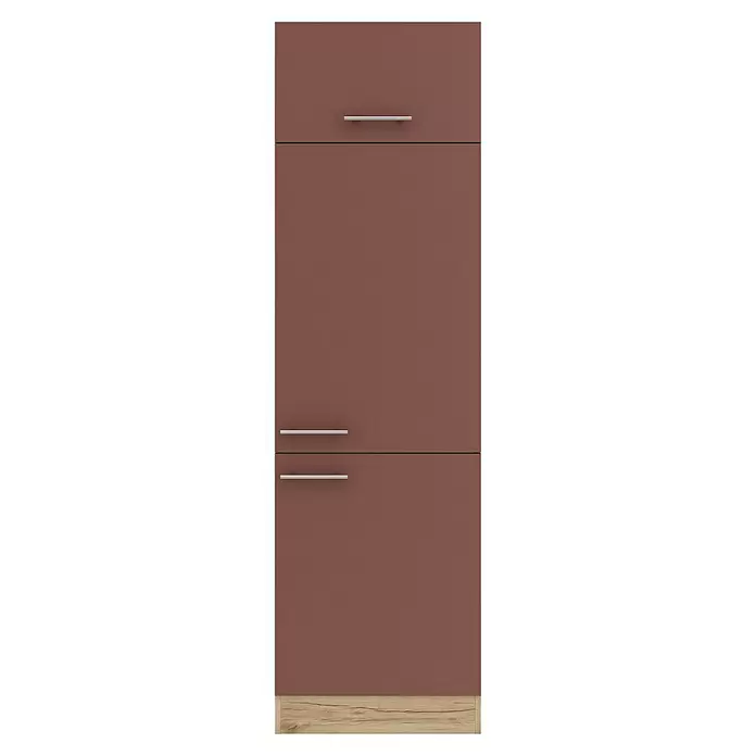 Optifit Bari407 Kühlumbauschrank - B x T x H: 60 x 60 x 206,8 cm, Rostrot, Mit 1 Klappe und 2 Türen mit Nische für Kühlschrank 88 cm - Moderner brauner Schrank mit drei Sektionen, silbernen Griffen und einem hellen Holzsockel.