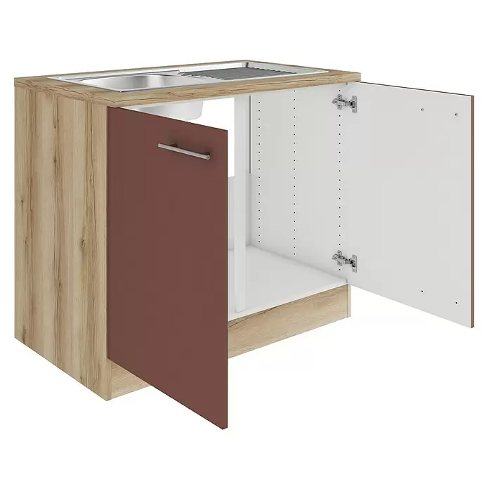 Optifit Bari407 Spülenunterschrank - 60 x 100 x 84,8 cm, Rostrot - Küchenunterschrank mit Spüle aus hellem Holzdekor, brauner Tür und offenem weißen Innenraum.