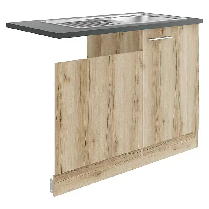 Optifit Livorno290 Spülenunterschrank - B x T x H: 110 x 60 x 84,8 cm, Wildeiche Nachbildung, Für Blende 60 cm für teilintegrierten Geschirrspüler - Küchenspülenunterschrank aus hellem Holzdekor mit grauer Arbeitsplatte und integrierter Edelstahlspüle.