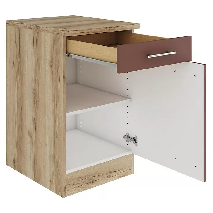 Optifit Bari407 Unterschrank - 60 x 50 x 84,8 cm, Rostrot, Mit 1 Schubkasten und 1 Tür - Helles Holzschränkchen mit teils geöffneter dunkelbrauner Schublade und offener Tür, die zwei weiße Regalböden zeigt.