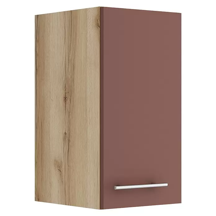 Optifit Bari407 Hängeschrank - 34,6 x 30 x 57,6 cm, Rostrot - Hängeschrank mit heller Holzoptik-Seitenwand und rotbrauner Tür mit silbernem Griff.