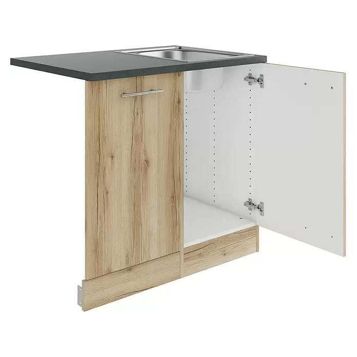 Optifit Livorno290 Spülenunterschrank - B x T x H: 90 x 60 x 84,8 cm, Wildeiche Nachbildung, Für Blende 45 cm für vollintegrierten Geschirrspüler - Eck-Küchenunterschrank mit Spüle in heller Holzoptik, dunkelgrauer Arbeitsplatte und Edelstahlspüle. Eine Tür ist geöffnet.