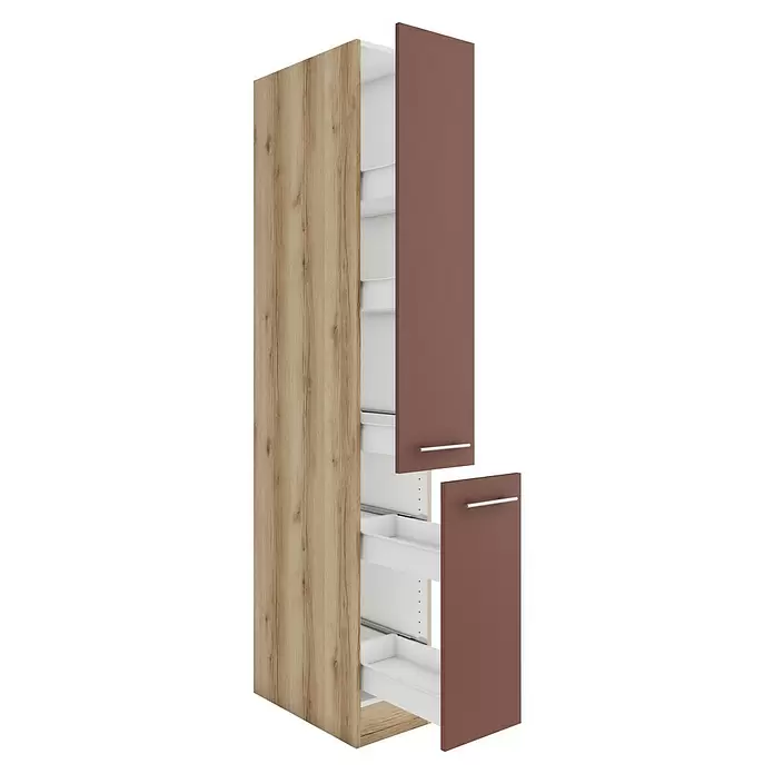 Optifit Bari407 Apotheker-Hochschrank - 60 x 30 x 206,8 cm, Rostrot - Hoher Küchenschrank mit heller Holzmaserung und dunkelbraunen Auszugsfronten.