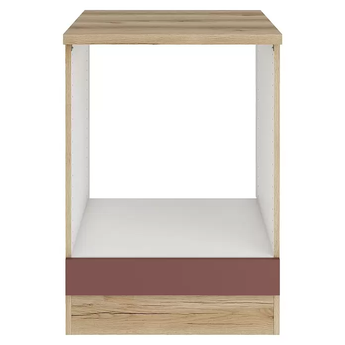 Optifit Bari407 Herdumbauschrank - B x T x H: 60 x 60 x 84,8 cm, Rostrot - Offener Küchenschrank, helle Holzoptik außen, weiß innen, rotbraune Frontplatte.