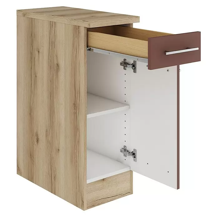 Optifit Bari407 Unterschrank - 60 x 30 x 84,8 cm, Rostrot, Mit 1 Schubkasten und 1 Tür - Heller Holzmaserungsschrank mit offener brauner Schublade und offener Tür, die weiße verstellbare Regale zeigt.