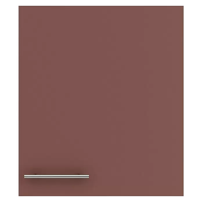 Optifit Bari407 Hängeschrank - 34,6 x 50 x 57,6 cm, Rostrot - Schubladen- oder Schrankfront in Braun-Mauve mit silbernem Stangengriff unten links.