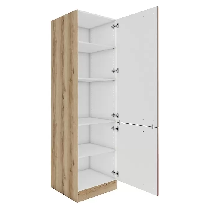 Optifit Bari407 Küchen-Hochschrank - 60 x 60 x 206,8 cm, Rostrot - Offener heller Holzschrank mit weißen Einlegeböden und Türen.