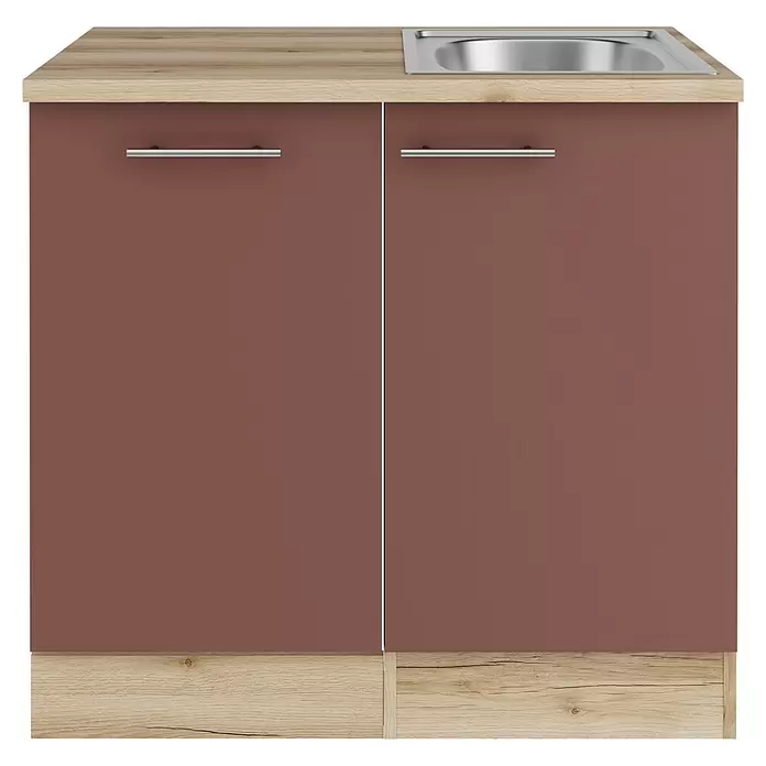 Optifit Bari407 Spülenunterschrank - 60 x 90 x 84,8 cm, Rostrot, Mit Blende 45 cm für vollintegrierten Geschirrspüler - Brauner Küchenunterschrank mit Holzoptik-Arbeitsplatte, integrierter Edelstahlspüle und zwei Türen mit Metallgriffen.