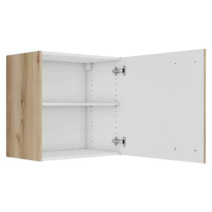 Optifit Livorno290 Hängeschrank - 34,6 x 60 x 57,6 cm, Wildeiche Nachbildung - Offener Hängeschrank mit heller Holzmaserungstür und weißem Innenraum, mit verstellbarem Regal und sichtbaren Scharnieren.