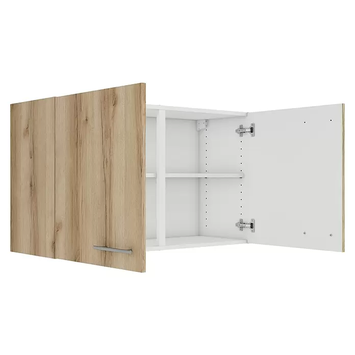 Optifit Livorno290 Hängeschrank - 34,6 x 100 x 57,6 cm, Wildeiche Nachbildung - Offener Oberschrank mit heller Holzmaserungstür, silbernem Griff und weißem Innenraum mit zwei Regalböden.