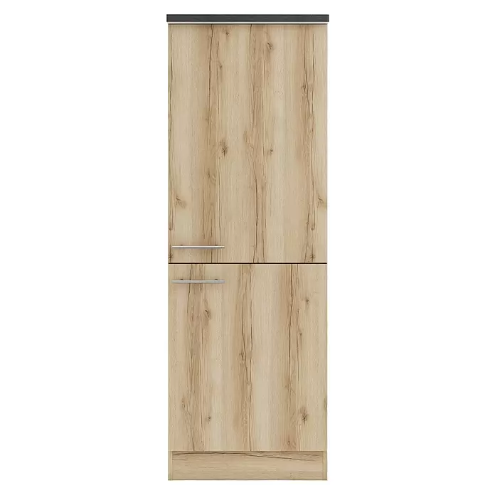 Optifit Livorno290 Midischrank - 60 x 60 x 174,4 cm, Wildeiche Nachbildung, Mit 2 Türen und für Kühlschrank 88 cm - Heller Schrank in Holzoptik mit zwei Türen, silbernen Griffen und passendem Sockel.
