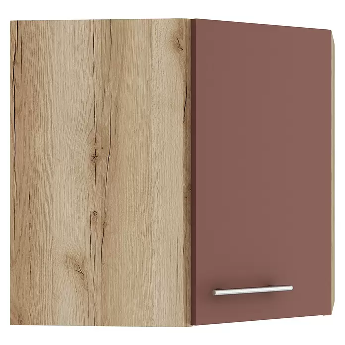 Optifit Bari407 Eck-Hängeschrank - 34,6 x 60 x 57,6 cm, Rostrot - Zweifarbiges Schrankelement: helle Holzmaserungsplatte und rotbraune Tür mit silbernem Griff.