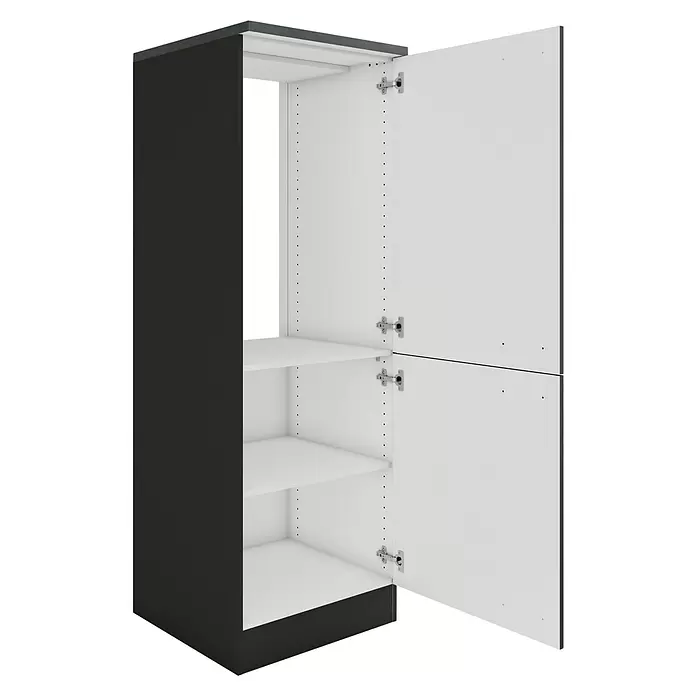Optifit Madrid420 Midischrank - 60 x 60 x 174,4 cm, Anthrazit Matt, Mit 2 Türen und für Kühlschrank 88 cm - Langer schwarzer und weißer Lagerschrank mit offenen weißen Türen und verstellbaren Innenregalen, die silberne Scharniere zeigen.