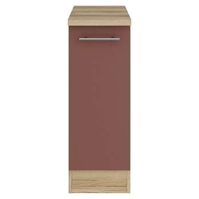 Optifit Bari407 Unterschrank - 60 x 60 x 84,8 cm, Rostrot, Mit 1 Auszug und 2 Metallschubkästen - Küchenschrankblende mit heller Holzoptik oben und unten und einer braunroten Frontplatte mit horizontalem silbernen Griff.