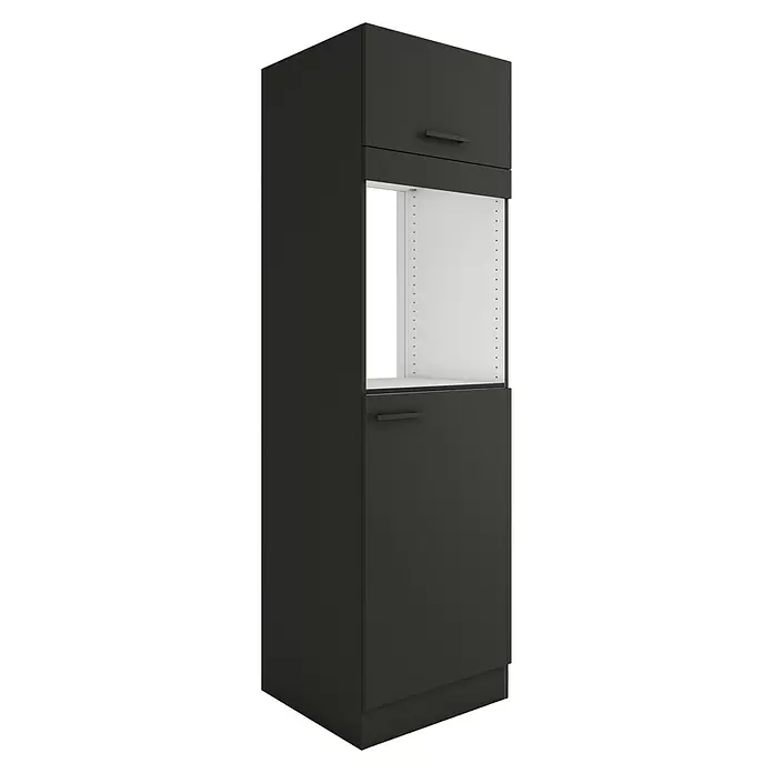 Optifit Madrid420 Geräteumbauschrank - 60 x 60 x 206,8 cm, Anthrazit Matt, Für Backofen und Kühlschrank, mit Klappe, Die Ausschnitte für Spüle und Kochfeld sind nicht vorhanden. - Hoher anthrazitfarbener Küchenschrank mit Türen und offenem Mittelfach für ein Einbaugerät.