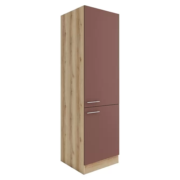 Optifit Bari407 Küchen-Hochschrank - 60 x 60 x 206,8 cm, Rostrot - Hoher Schrank mit Holzoptik-Seitenwand, zwei braun-roten Türen und silbernen Griffen.