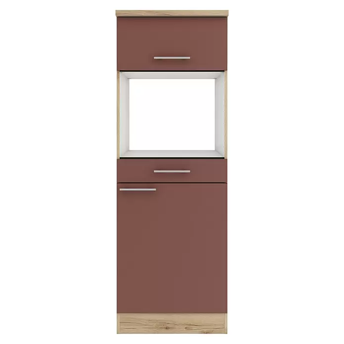Optifit Bari407 Backofenumbauschrank - B x T x H: 60 x 60 x 174,4 cm, Rostrot, Für Mikrowelle mit 1 Klappe, 1 Schubkasten und 1 Tür - Rotbrauner Küchenschrank mit Holzoptik-Zierleisten, silbernen Griffen und offenem Fach für ein Gerät.