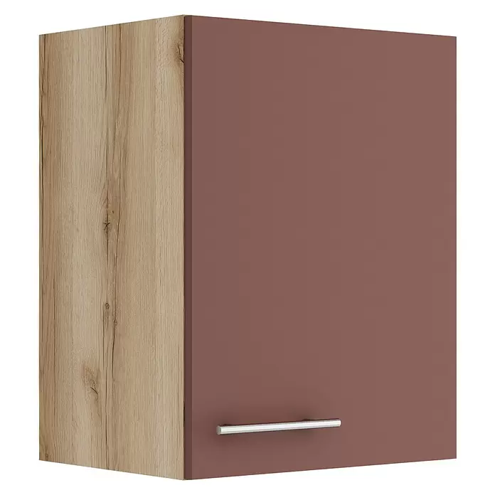 Optifit Bari407 Hängeschrank - 34,6 x 45 x 57,6 cm, Rostrot - Hängeschrank mit Holzdekor-Seite, rotbrauner Tür und silbernem Griff.