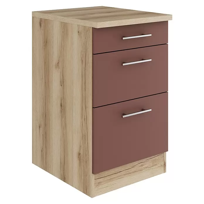 Optifit Bari407 Unterschrank - 60 x 50 x 84,8 cm, Rostrot, Mit 1 Schubkasten und 2 Auszügen - Zweifarbige Kommode mit hellem Holzmaserungsrahmen und drei rotbraunen Schubladen mit silbernen Griffen.