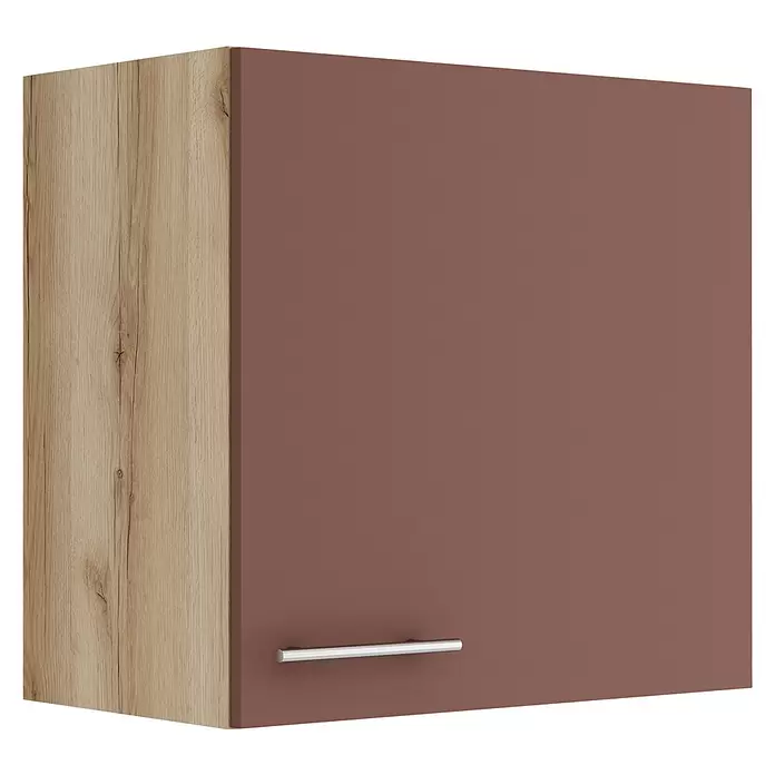 Optifit Bari407 Hängeschrank - 34,6 x 60 x 57,6 cm, Rostrot - Wandschrank mit heller Holzoptik-Seitenwand, brauner Tür und silbernem Griff.