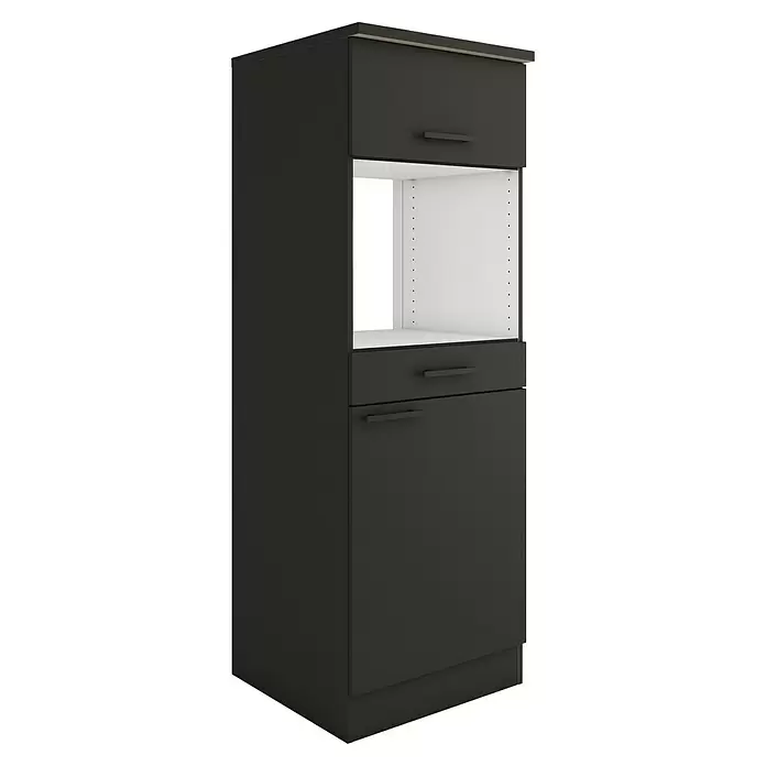 Optifit Madrid420 Midischrank - 60 x 60 x 174,4 cm, Anthrazit Matt, Für Mikrowelle mit 1 Klappe, 1 Schubkasten und 1 Tür - Dunkelgrauer Hochschrank für die Küche mit Oberschrank, offenem Mittelfach für Geräte, zwei Schubladen und Unterschrank, mit schwarzen Griffen.