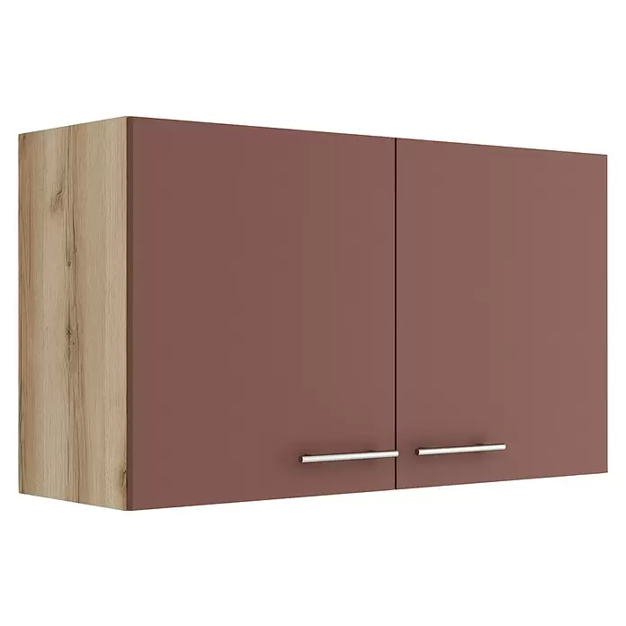 Optifit Bari407 Hängeschrank - 34,6 x 100 x 57,6 cm, Rostrot - Zweitüriger Hängeschrank mit Holzoptik-Seitenwand und brauner Front, silbernen Griffen.