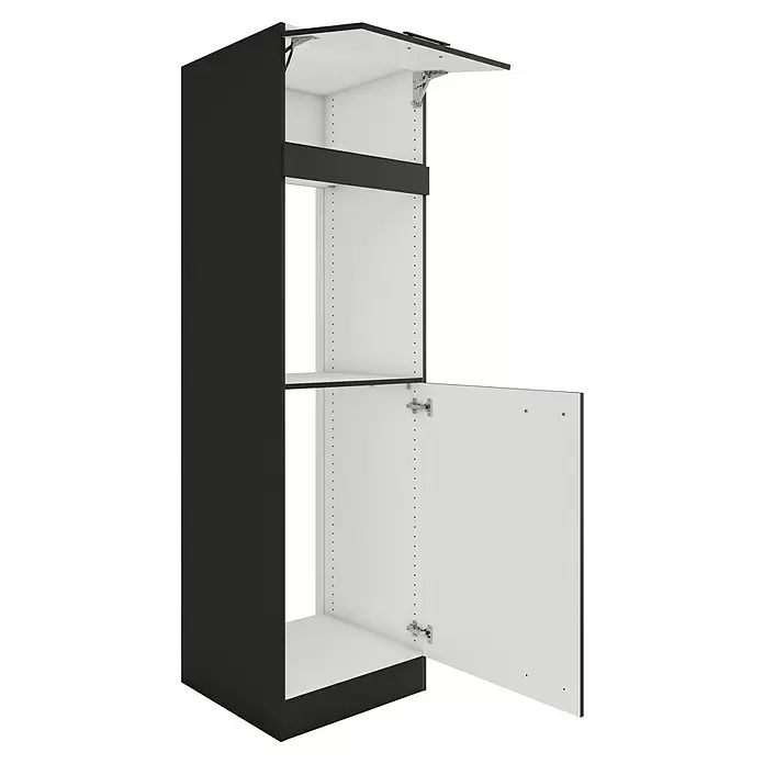 Optifit Madrid420 Geräteumbauschrank - 60 x 60 x 206,8 cm, Anthrazit Matt, Für Backofen und Kühlschrank, mit Klappe, Die Ausschnitte für Spüle und Kochfeld sind nicht vorhanden. - Hoher schwarzer Schrank mit weißem Innenraum, offener Klapptür oben für Gerätenische und offener Drehtür unten.
