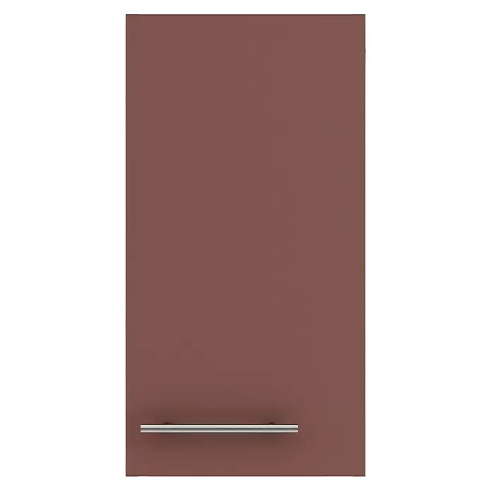 Optifit Bari407 Hängeschrank - 34,6 x 30 x 57,6 cm, Rostrot - Dunkelbraune Schranktür mit horizontalem silbernem Griff unten.