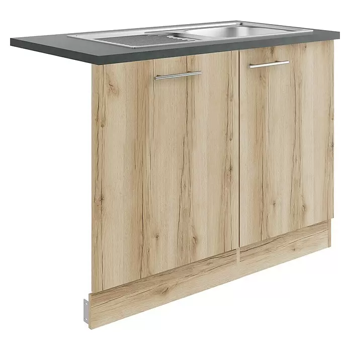 Optifit Livorno290 Spülenunterschrank - B x T x H: 110 x 60 x 84,8 cm, Wildeiche Nachbildung, Für Blende 60 cm für vollintegrierten Geschirrspüler - Spülschrank aus hellem Holz mit grauer Arbeitsplatte und integrierter Edelstahlspüle.