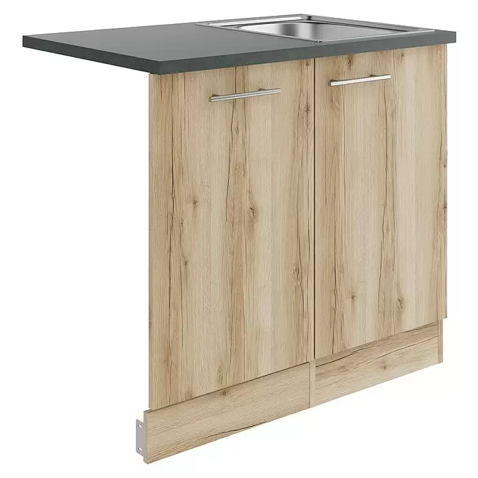 Optifit Livorno290 Spülenunterschrank - B x T x H: 90 x 60 x 84,8 cm, Wildeiche Nachbildung, Für Blende 45 cm für vollintegrierten Geschirrspüler - Küchenunterschrank aus hellem Holz mit grauer Arbeitsplatte und Edelstahlspüle.