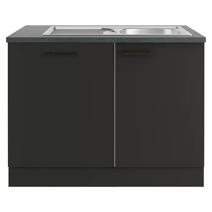 Optifit Madrid420 Spülenunterschrank - 60 x 110 x 84,8 cm, Anthrazit Matt, Mit Blende 60 cm für vollintegrierten Geschirrspüler - Dunkelgrauer Küchenunterschrank mit zwei Türen, dunklen Griffen, einer dunkelgrauen Arbeitsplatte und einer integrierten Edelstahlspüle mit Abtropffläche.
