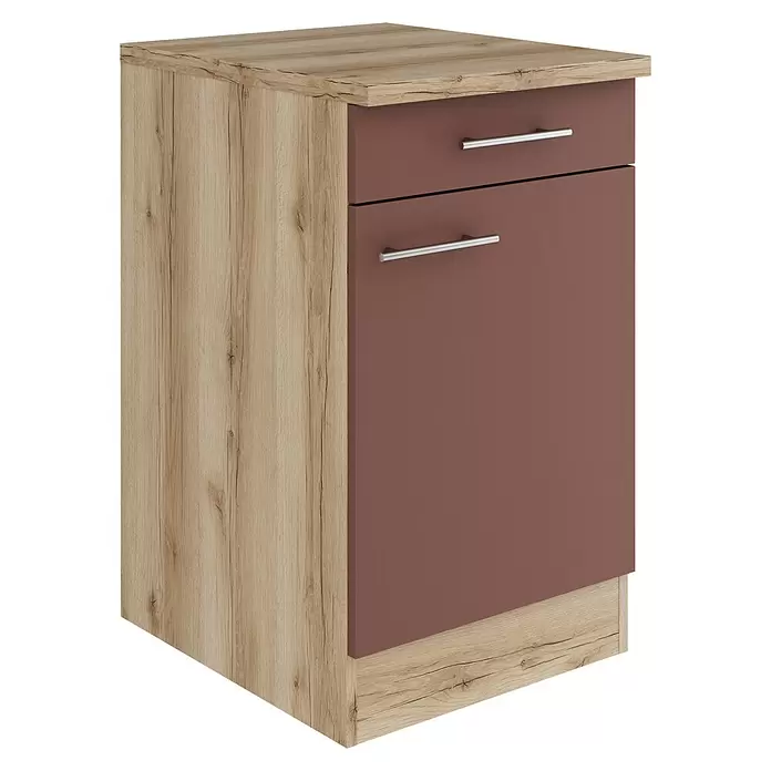 Optifit Bari407 Unterschrank - 60 x 50 x 84,8 cm, Rostrot, Mit 1 Schubkasten und 1 Tür - Kleiner Schrank in heller Holzoptik mit dunkelrotbrauner Schublade und Tür, mit silbernen Griffen.