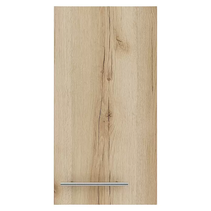 Optifit Livorno290 Hängeschrank - 34,6 x 30 x 57,6 cm, Wildeiche Nachbildung - Helle Holzschranktür mit sichtbarer Maserung und Ästen, versehen mit einem horizontalen silbernen Griff.