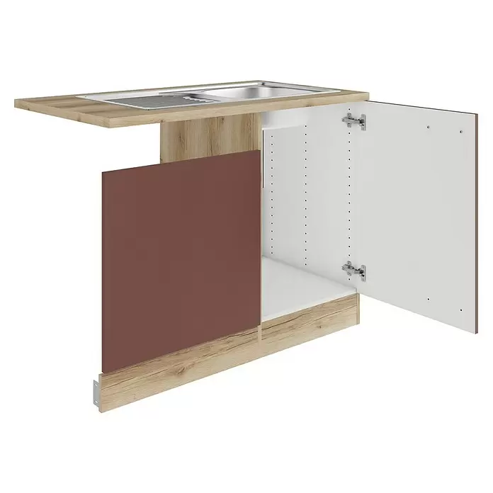Optifit Bari407 Spülenunterschrank - 60 x 110 x 84,8 cm, Rostrot, Mit Blende 60 cm für teilintegrierten Geschirrspüler - Küchenunterschrank in heller Holzoptik mit integrierter Spüle und offener brauner Tür, Innenregal sichtbar.