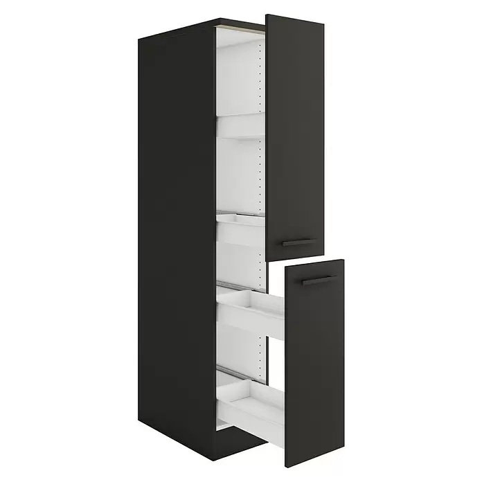 Optifit Madrid420 Midischrank - 60 x 30 x 174,4 cm, Anthrazit Matt - Hoher dunkler Küchenschrank mit offener Tür und mehreren weißen Auszügen, mit verstellbaren Innenregalen.