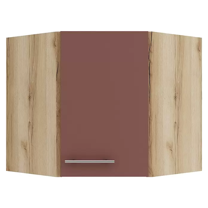 Optifit Bari407 Eck-Hängeschrank - 34,6 x 60 x 57,6 cm, Rostrot - Eckhängeschrank mit Holz-Optik Seiten, einer rotbraunen Mittelplatte und einem silbernen Griff.