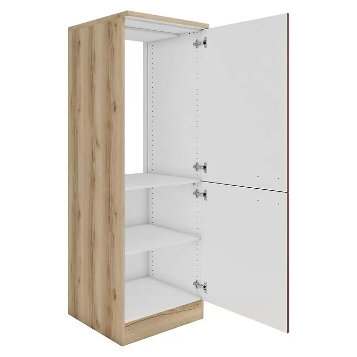 Optifit Bari407 Küchen-Midischrank - 60 x 60 x 174,4 cm, Rostrot - Offener Schrank in heller Holzoptik mit weißem Innenraum und verstellbaren Regalböden.
