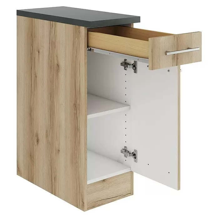 Optifit Livorno290 Unterschrank - 60 x 30 x 84,8 cm, Wildeiche Nachbildung, Mit 1 Schubkasten und 1 Tür - Küchenunterschrank in heller Holzoptik mit dunkler Arbeitsplatte, offener Schublade und offener Tür, die zwei Innenregale zeigt.
