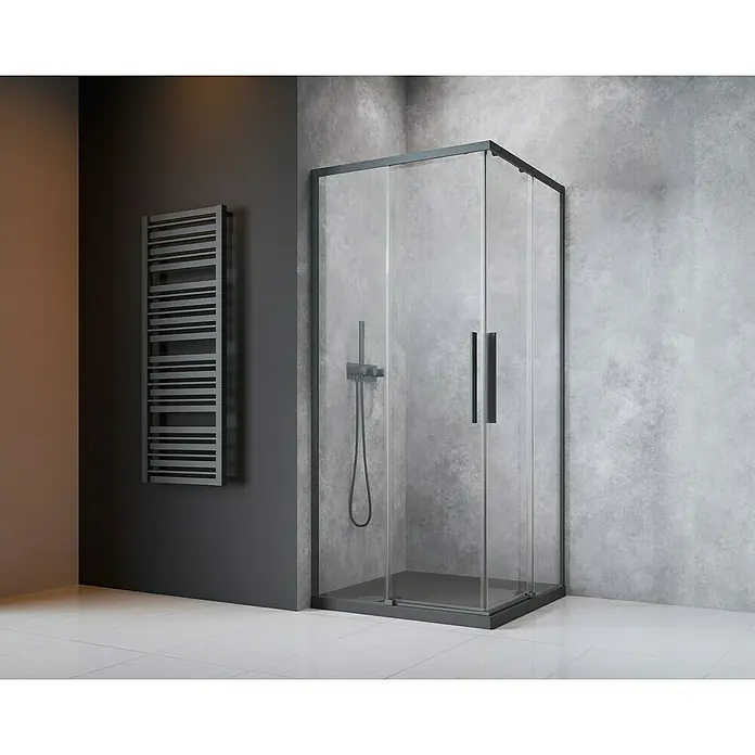 Camargue Eckdusche Tampere Gunmetal - L x B x H: 90 x 90 x 195 cm, Klarglas, Unbeschichtet, Gunmetal - Das Bild zeigt eine moderne, quadratische Duschkabine mit schwarzem Rahmen und Glaswänden in einem stilvollen Badezimmer.
