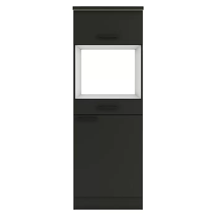Optifit Madrid420 Midischrank - 60 x 60 x 174,4 cm, Anthrazit Matt, Für Mikrowelle mit 1 Klappe, 1 Schubkasten und 1 Tür - Dunkelgrauer Aufbewahrungsschrank mit offenem weißem Mittelregal und oberen/unteren Staufächern.
