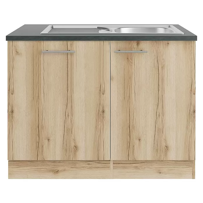 Optifit Livorno290 Spülenunterschrank - B x T x H: 110 x 60 x 84,8 cm, Wildeiche Nachbildung, Für Blende 60 cm für vollintegrierten Geschirrspüler - Küchenunterschrank aus hellem Holz mit anthrazitfarbener Arbeitsplatte und Edelstahlspüle.