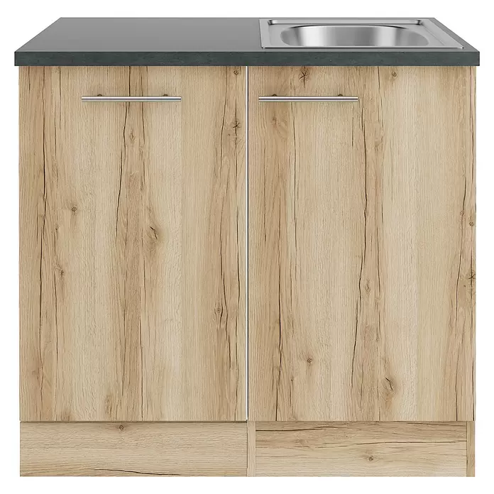 Optifit Livorno290 Spülenunterschrank - B x T x H: 90 x 60 x 84,8 cm, Wildeiche Nachbildung, Für Blende 45 cm für vollintegrierten Geschirrspüler - Heller Küchenunterschrank in Holzoptik mit dunkelgrauer Arbeitsplatte und integrierter Edelstahlspüle.