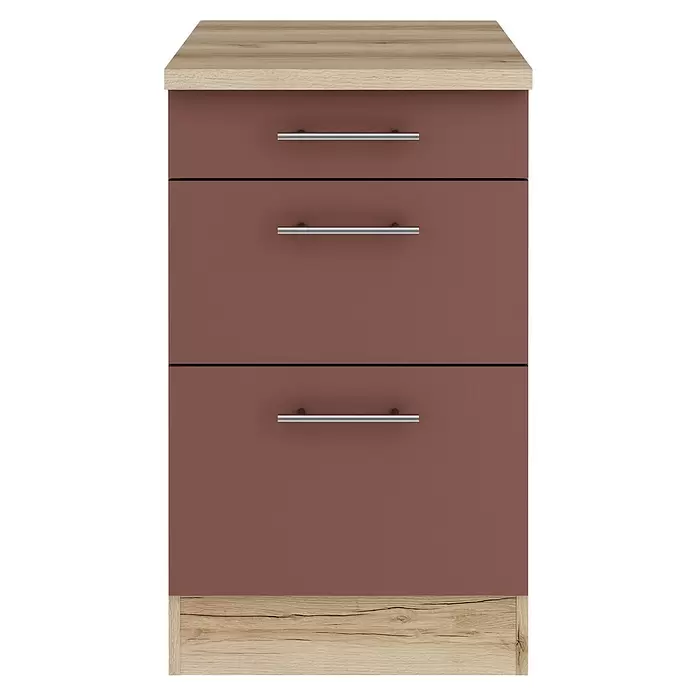 Optifit Bari407 Unterschrank - 60 x 50 x 84,8 cm, Rostrot, Mit 1 Schubkasten und 2 Auszügen - Kommode mit drei Schubladen, heller Holzoptik-Oberplatte und -Sockel, sowie rotbraunen Schubladen mit silbernen Griffen.