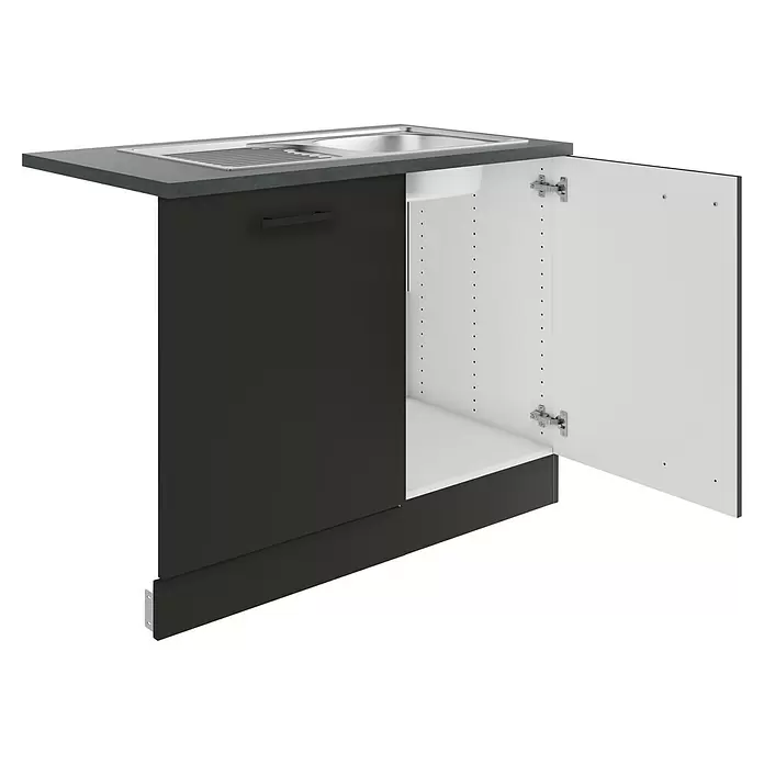 Optifit Madrid420 Spülenunterschrank - 60 x 110 x 84,8 cm, Anthrazit Matt, Mit Blende 60 cm für vollintegrierten Geschirrspüler - Dunkelgrauer Küchenunterschrank mit integrierter Edelstahlspüle und einer offenen Tür, die ein weißes Inneres zeigt.