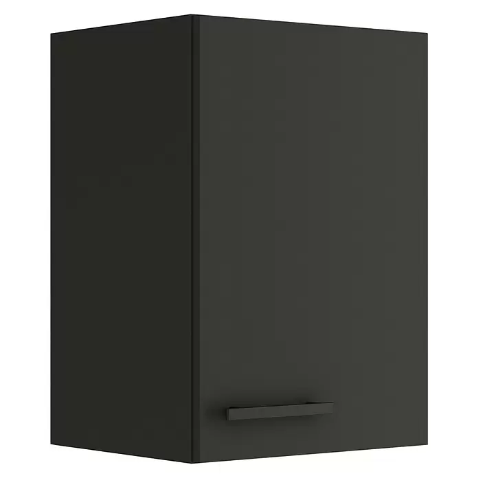 Optifit Madrid420 Hängeschrank - 34,6 x 40 x 57,6 cm, Anthrazit Matt - Dunkelgrauer Wandschrank mit einer Tür und schwarzem Griff.