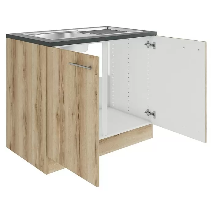 Optifit Livorno290 Spülenunterschrank - 60 x 100 x 84,8 cm, Wildeiche Nachbildung - Helle Holz-Spülenunterschrank mit dunkler Arbeitsplatte und Edelstahlspüle, eine Tür offen.